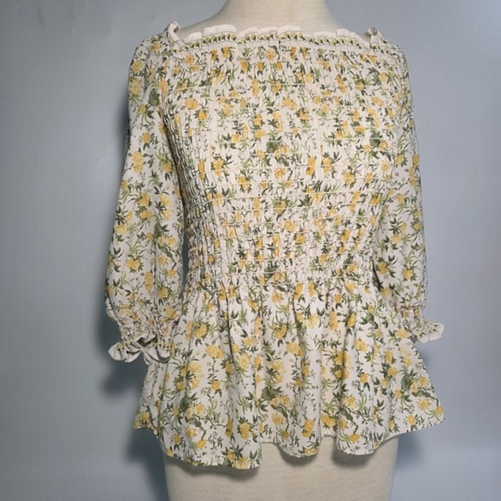 Max Studio Women's Smocked Floral Blouse Top Size XS Cottage Core Garden Folk
